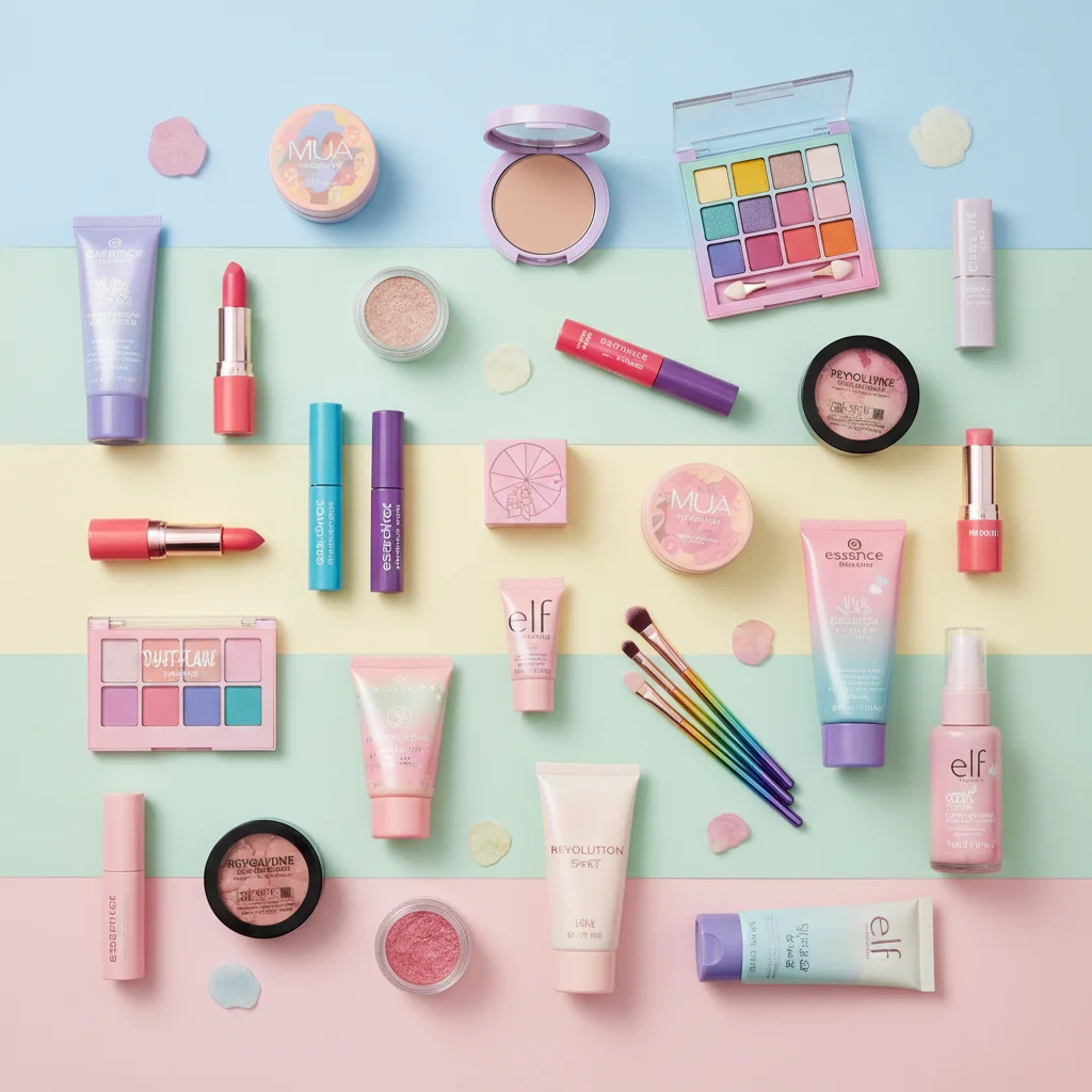 Colorful drugstore beauty products flatlay on pastel background