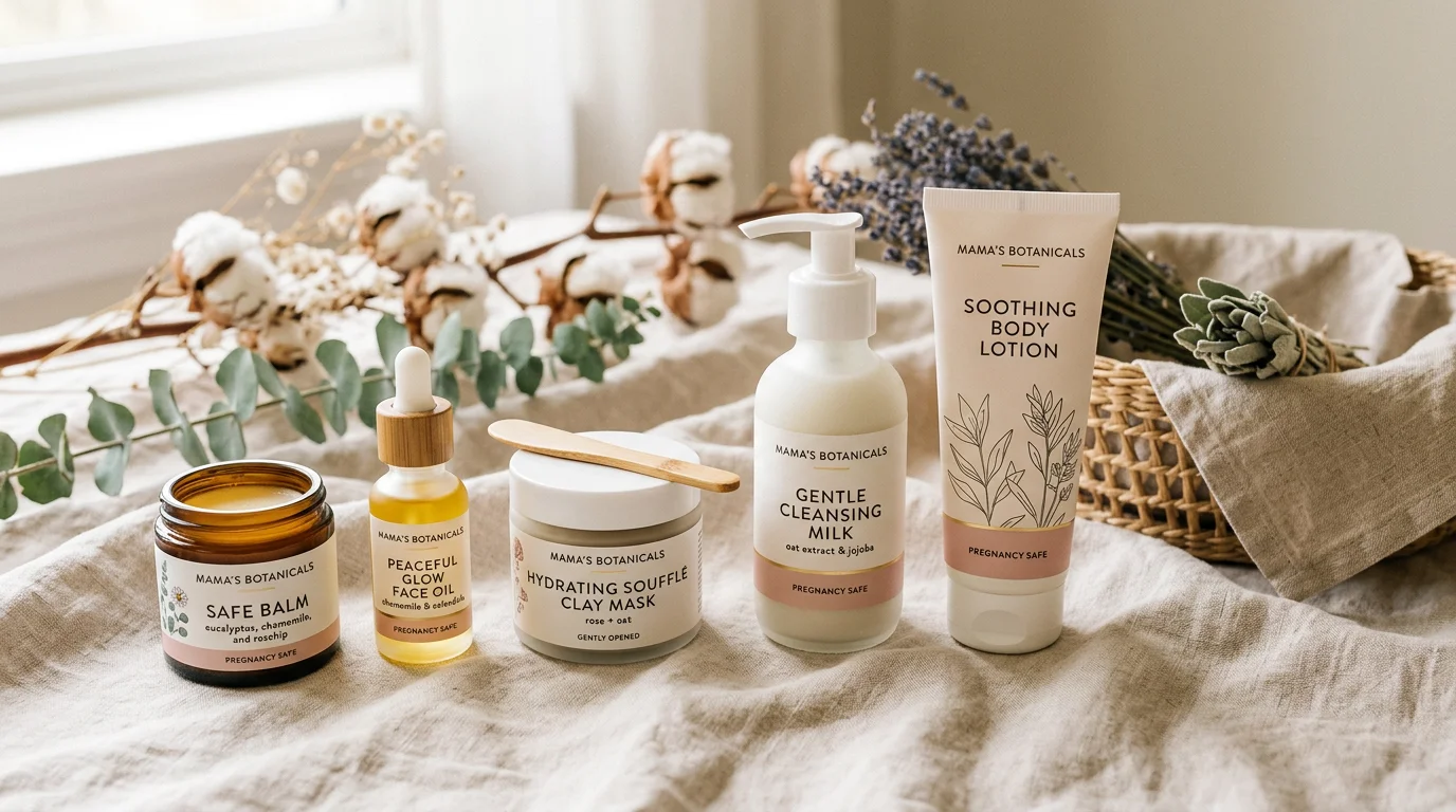 Gentle natural beauty products arranged on soft fabric in warm pastel tones