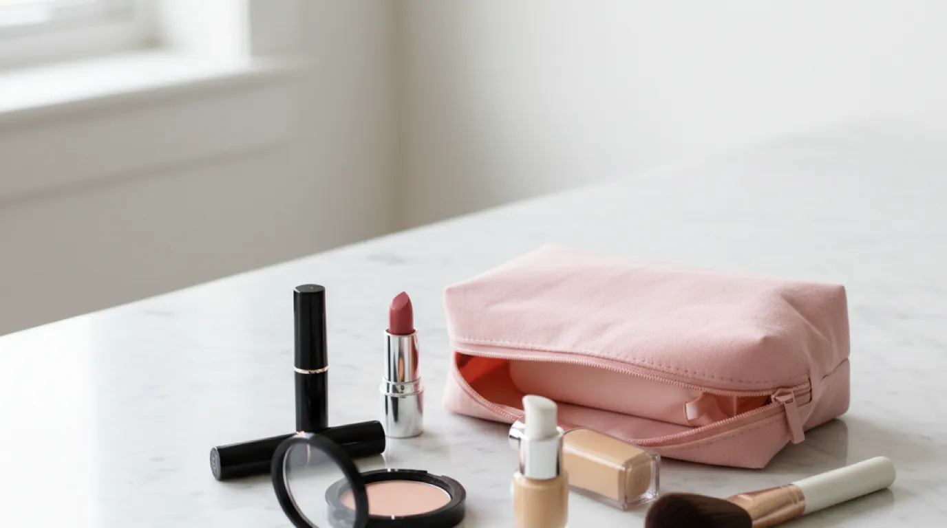 Simple makeup bag with essential products on a clean marble surface